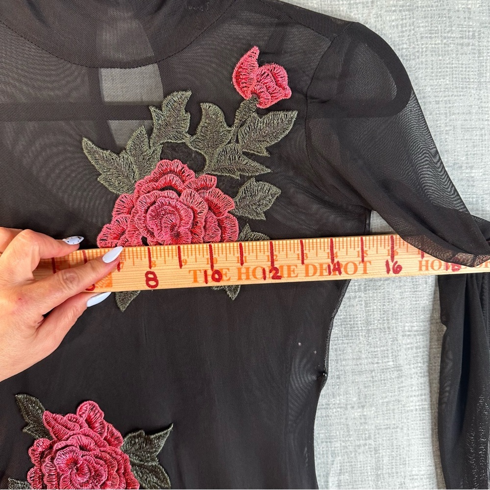 Love J Black Mesh Mini Dress Long Sleeve Pink Rose Embroidery Mock Neck Small - Picture 12 of 16